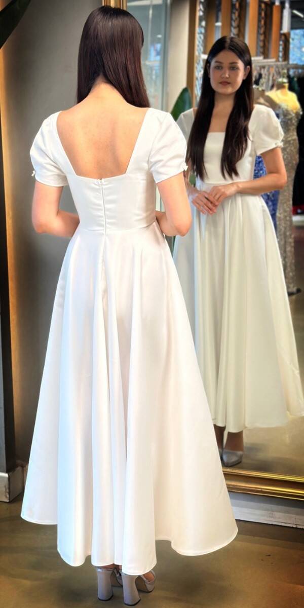 White Short Sleeve Ribbon Detailed Flared Skirt Satin Midi Evening Dress 7673 - 5