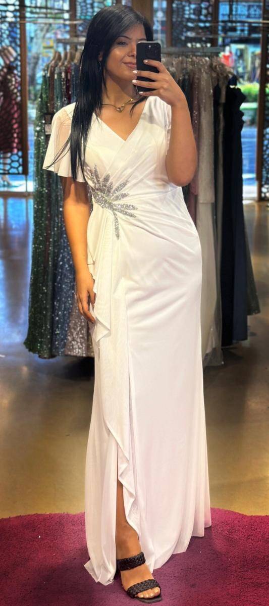 White Short Sleeve Stone Detailed Slit Straight Cut Tulle Long Evening Dress 7613 - 1