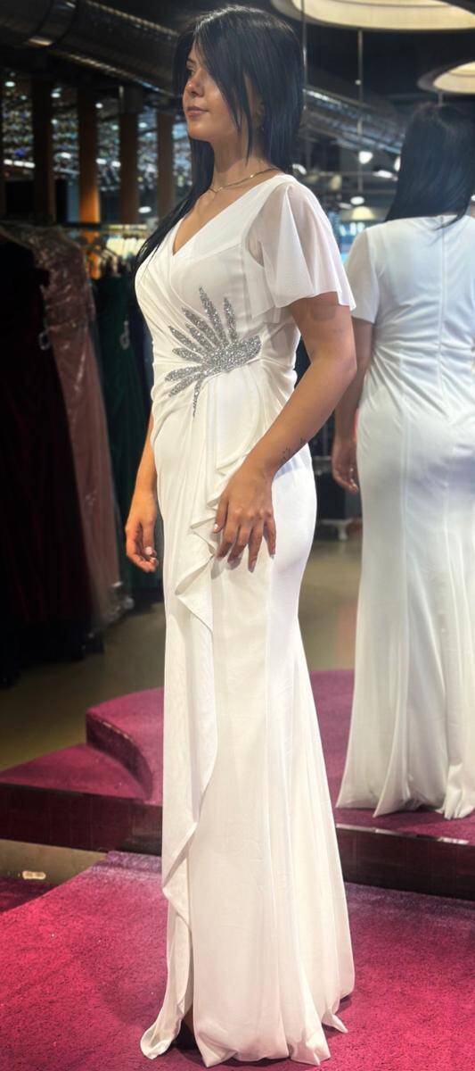 White Short Sleeve Stone Detailed Slit Straight Cut Tulle Long Evening Dress 7613 - 3