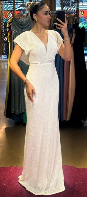 White Short Sleeve Straight Cut Sequin Long Evening Dress 7499 