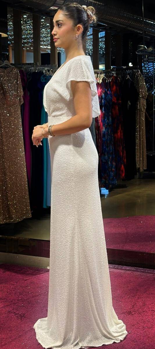 White Short Sleeve Straight Cut Sequin Long Evening Dress 7499 - 3