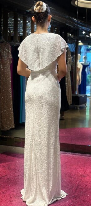 White Short Sleeve Straight Cut Sequin Long Evening Dress 7499 - 5