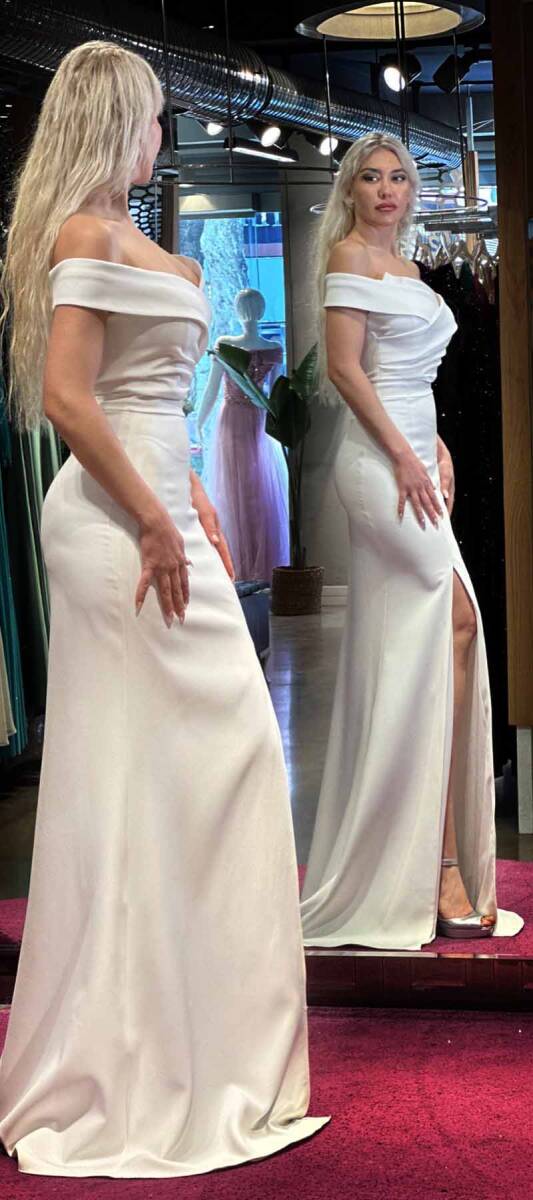 White Slit Mermaid Skirt Crepe Long Evening Dress 7507 - 3