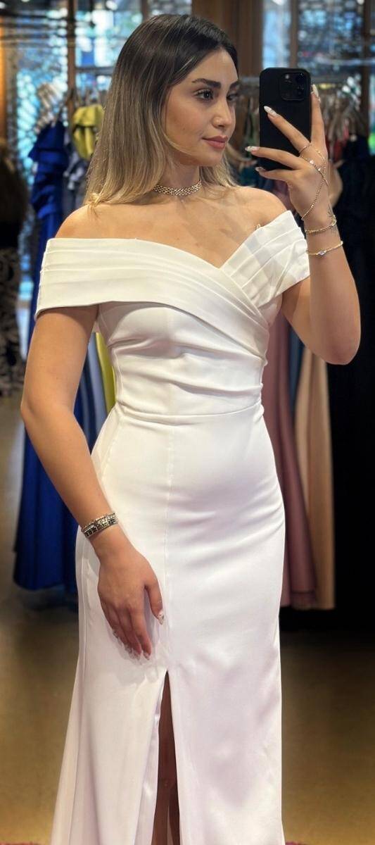 White Slit Mermaid Skirt Crepe Long Evening Dress 7512 - 2