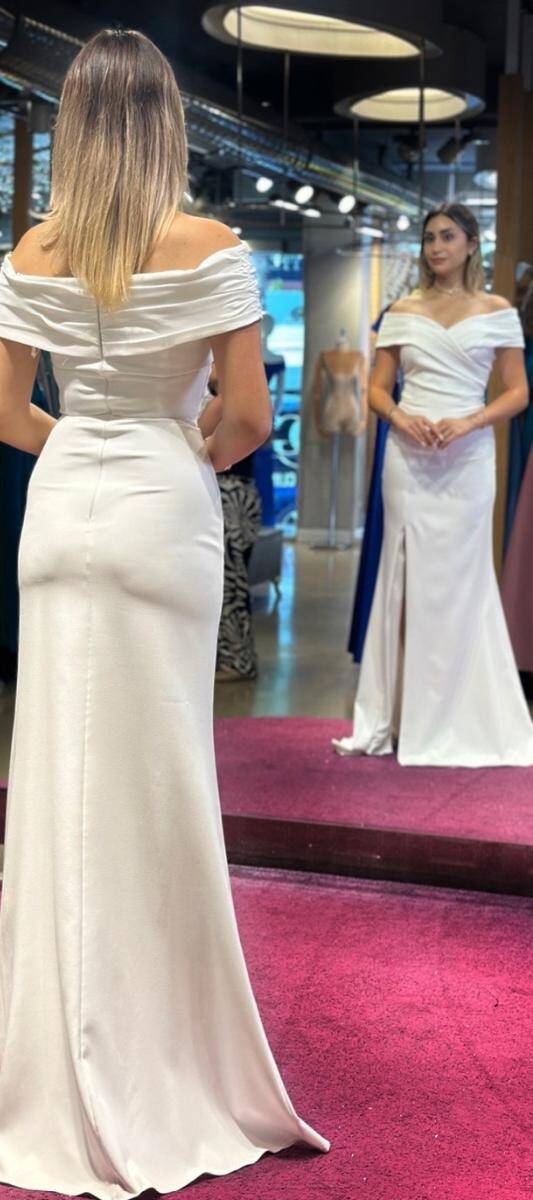 White Slit Mermaid Skirt Crepe Long Evening Dress 7512 - 5