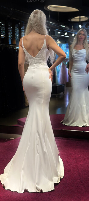 White Spaghetti Strap Beaded Mermaid Skirt Crepe Long Evening Dress 7427 - 5