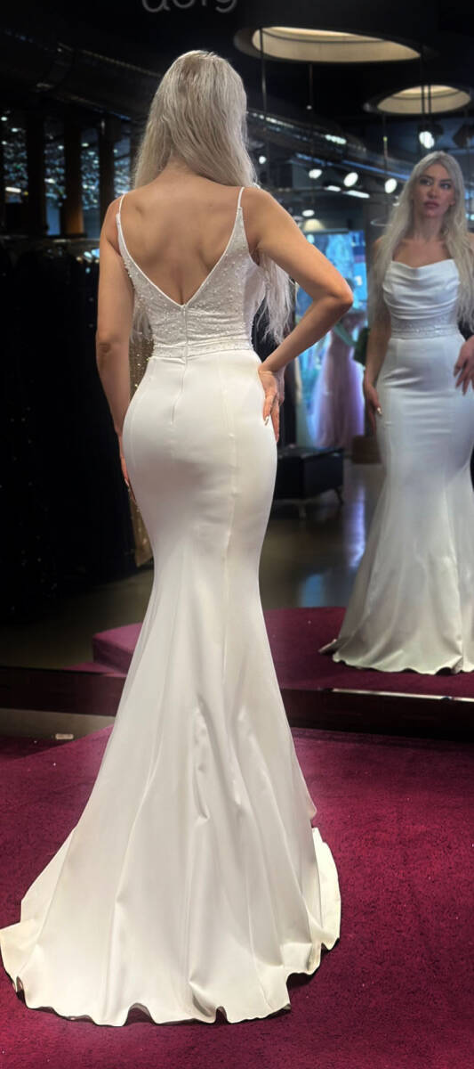 White Spaghetti Strap Beaded Mermaid Skirt Crepe Long Evening Dress 7427 - 5