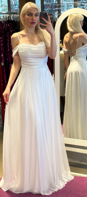 White Spaghetti Strap Low-Cut Back Flared Skirt Glitter Fabric Long Evening Dress 7365 