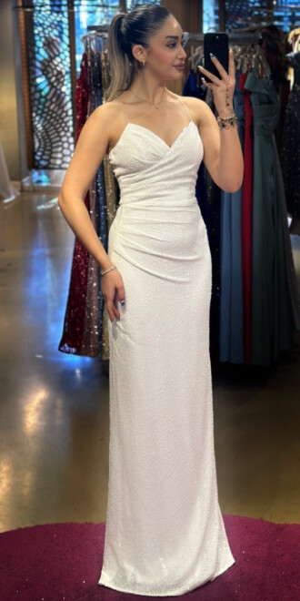 White Spaghetti Strap Low-Cut Back Straight Cut Sequin Long Evening Dress 7265 