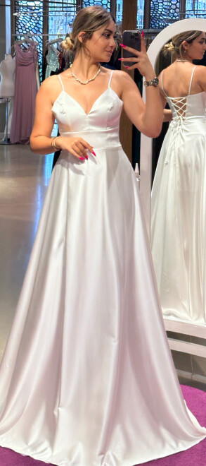 White Spaghetti Strap Low-Cut Back Wrap Slit Flared Skirt Satin Long Evening Dress 6777 