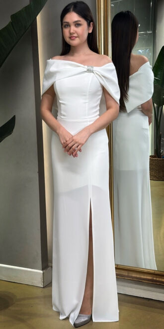 White Stone Detailed Slit Straight Cut Crepe Long Evening Dress 7701 