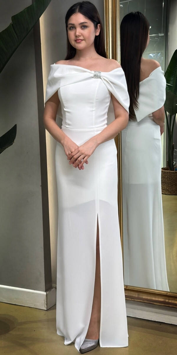 White Stone Detailed Slit Straight Cut Crepe Long Evening Dress 7701 - 1