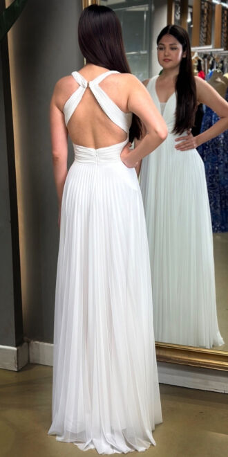 White Thick Strap Low-Cut Back Flared Skirt Chiffon Tulle Long Evening Dress 7645 - 5