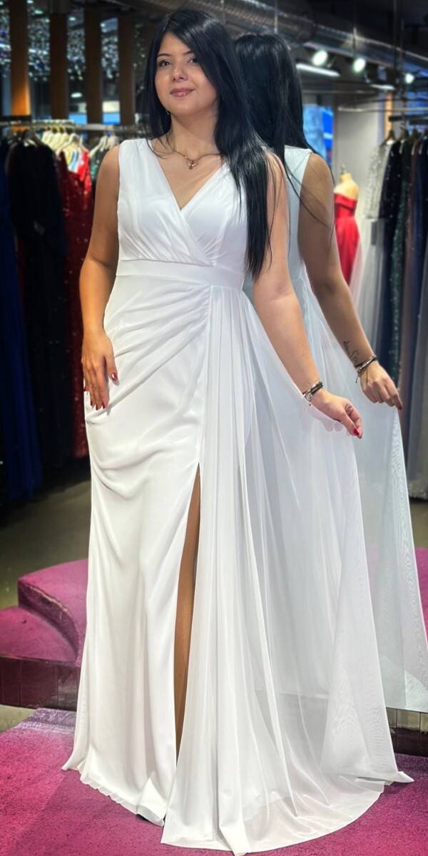 White Thick Strap Slit Straight Cut Lycra Long Evening Dress 7648 - 1