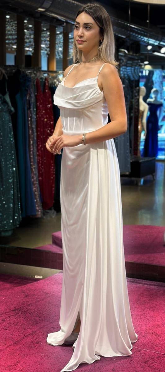 White Thin Strapped Slit Straight Cut Satin Long Evening Dress 7564 - 3