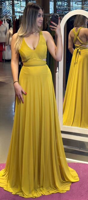 Yellow Low-Cut Back Flared Skirt Lycra Long Evening Dress 6556 