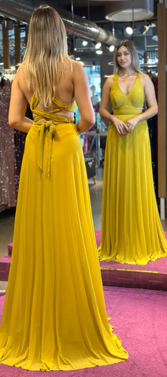 Yellow Low-Cut Back Flared Skirt Lycra Long Evening Dress 6556 - 5