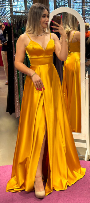 Yellow Spaghetti Strap Low-Cut Back Wrap Slit Flared Skirt Satin Long Evening Dress 6777 