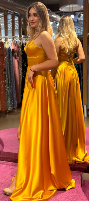 Yellow Spaghetti Strap Low-Cut Back Wrap Slit Flared Skirt Satin Long Evening Dress 6777 - 3