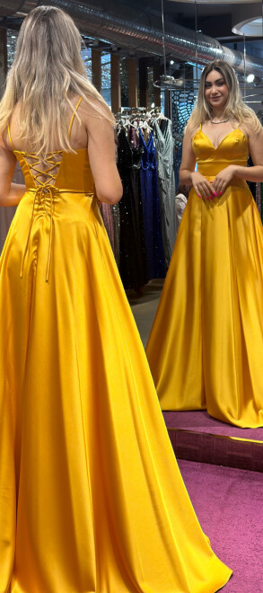 Yellow Spaghetti Strap Low-Cut Back Wrap Slit Flared Skirt Satin Long Evening Dress 6777 - 5