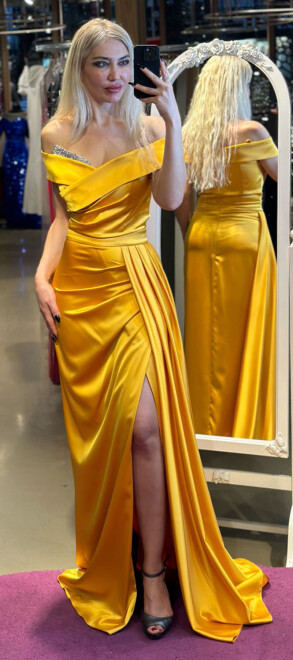 Yellow Stone Detailed Slit Straight Cut Satin Long Evening Dress 7443 