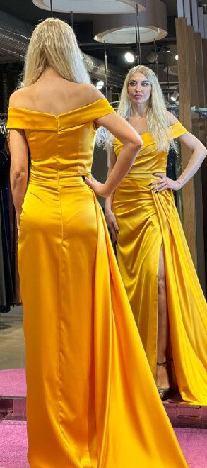 Yellow Stone Detailed Slit Straight Cut Satin Long Evening Dress 7443 - 4